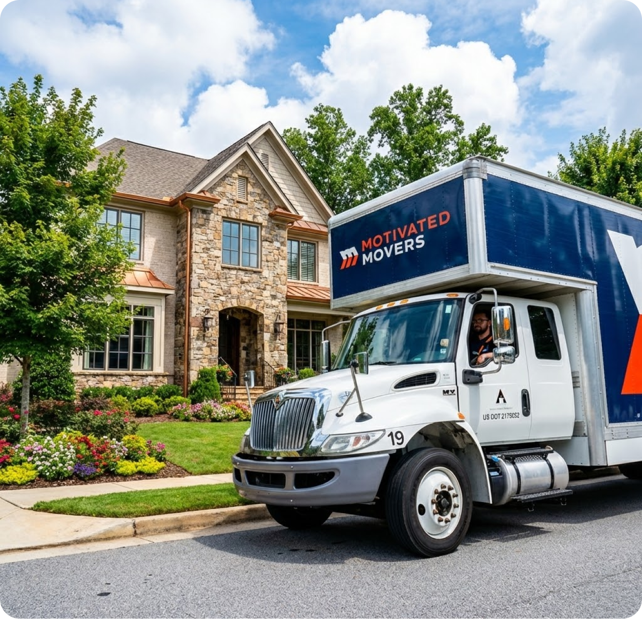 Motivated Movers truck outside a home.